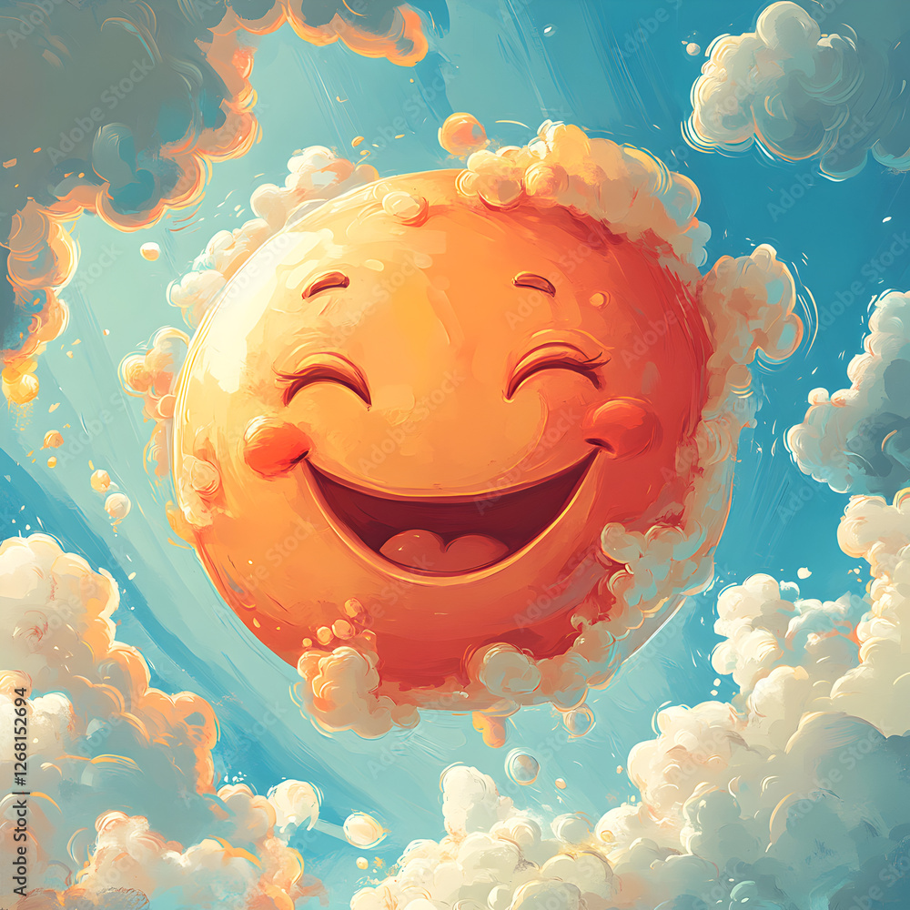 <Cheerful Cartoon Sun Illustration: Bright Whimsical Sky with Smiling Sun and Colorful Clouds for Happy Vibes>