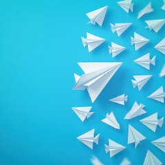 Fototapete - Group of paper planes flying in one direction with one individual pointing in a different direction for innovative ideas. Generative AI