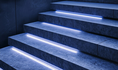 Wall Mural - Modern granite stairs illuminated by LED fixtures captured in an office building close-up architectural detail