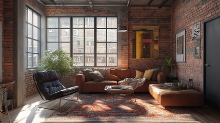 Wall Mural - Cozy urban apartment featuring industrial furniture and stylish decor for modern comfortable metropolitan living inspiration