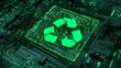 © Watermill Studio - A stylized green recycle symbol is integrated into a circuit board, embodying the harmony of technological innovation and eco-friendly practices in modern green technology