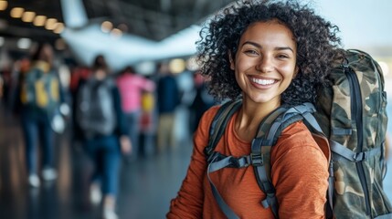 Wall Mural - A young woman with a smile stands at the airport, an airplane visible behind her