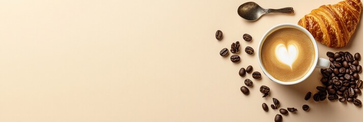 Aufkleber - Delicious coffee with heart design, fresh croissant, and coffee beans on light background for a cozy breakfast flat lay. Generative AI