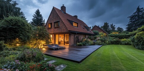 Poster - A contemporary wooden garden terrace in the backyard, furnished and lit at dusk