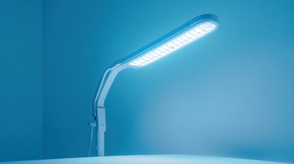 Leinwandbilder - Modern blue LED lamp illuminating a desk in a minimalistic workspace during evening hours. Generative AI