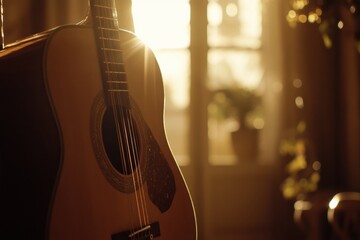 Leinwandbilder - Warm sunlight illuminates an acoustic guitar placed near a window in a cozy room. Generative AI