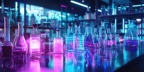 Poster - A conceptual image of AI, featuring neon-lit circuits, holographic data streams, and cyberpunk design elements in a high-tech lab.