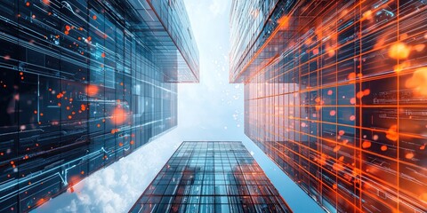 Fototapete - A futuristic skyscraper in a high-tech city, with robotic construction, AI systems, and sleek design elements.