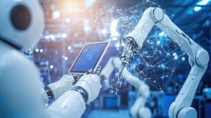 Fototapete - High-resolution shot of industrial robots collaborating in harmony to maximize production efficiency within a factory.
