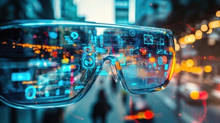 Leinwandbilder - A macro shot of AR smart glasses displaying digital icons and alerts superimposed on the real world for user-friendly interaction.