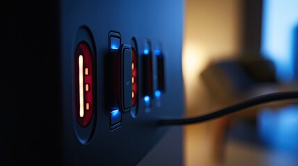 Fototapete - Macro shot of a smart plug featuring USB ports and power indicators, highlighting energy-efficient IoT applications.