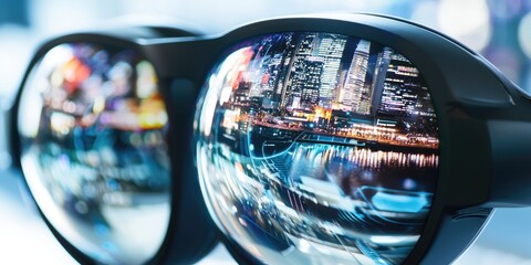 Fototapete - a VR headset with a detailed digital world reflected in the lenses, illustrating the rise of immersive technology.