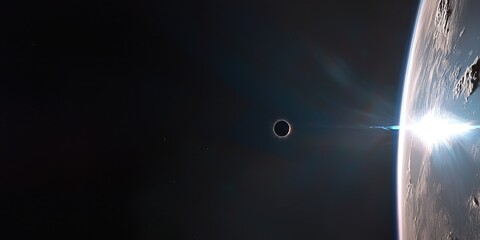 Poster - a solar eclipse from space, with the moons shadow falling on Earth and the corona glowing around it.