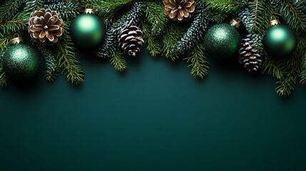 Dark green background with dark pine branches and Christmas ornaments, deep emerald color, minimalist design, 