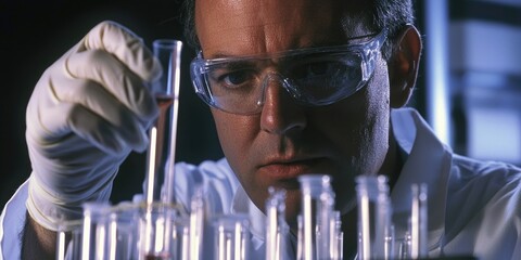 Wall Mural - precision shot of a researcher handling test tubes in a sterile lab, capturing the focus on medical 