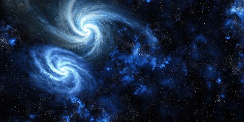 Poster - a distant galaxy collision, with spirals of stars and gas merging in a cosmic display.