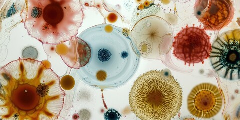 Aufkleber - bacterial colonies growing in a petri dish, with varying shapes and colors illustrating microbial diversity.
