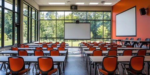 Fototapete - Modern conference room with digital whiteboards, large windows, and collaborative seating designed for productive meetings.