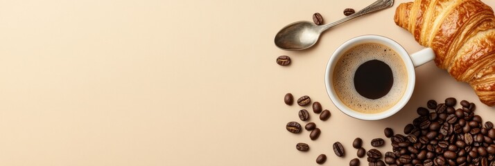 Aufkleber - Morning coffee and croissant flat lay with coffee beans and spoon on neutral background. Generative AI