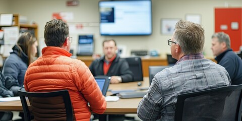Fototapete - A collaborative service meeting with customer support team members focuses on solutions to common client issues in a modern workspace.