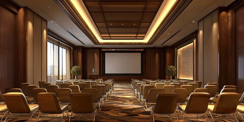 Fototapete - Contemporary conference room with large projection screens, ergonomic seating, and a professional ambiance for presentations.