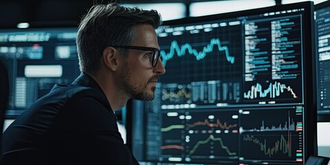Poster - Financial analyst reviewing blockchain transactions on a digital platform, demonstrating an innovative, secure fintech solution.