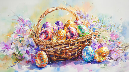 Wall Mural - Watercolor Art of a Basket Filled with Colorful Chocolate Easter Eggs Surrounded by Flowers. Concept of Easter Celebrations, Festive Decor, Spring Atmosphere