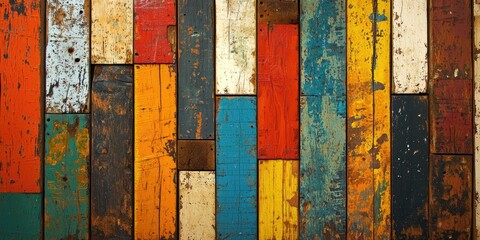 Fototapete - High-resolution shot of reclaimed wood with weathered texture and layered paint, ideal for vintage-inspired backgrounds.