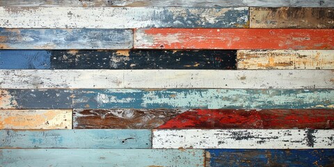 Fototapete - High-resolution shot of reclaimed wood with weathered texture and layered paint, ideal for vintage-inspired backgrounds.