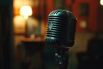 Leinwandbilder - Vintage microphone stands prominently in a dimly lit room, evoking nostalgia and anticipation for the performance. Generative AI