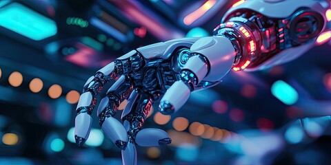 Poster - a futuristic robot performing a task, with advanced mechanics, neon accents, and a high-tech, cyberpunk setting.