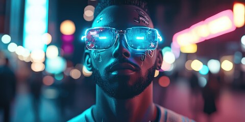 Poster - Futuristic character in a cyberpunk city, with glowing implants, advanced tech gear, and a neon-lit urban setting.