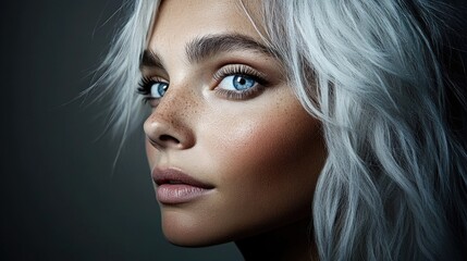 Wall Mural - Young caucasian female with freckles and white hair in dramatic lighting