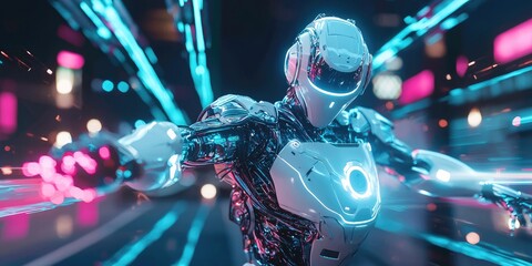 Poster - A robotic figure in motion within a cyberpunk world, showcasing sleek design, glowing neon features, and advanced AI functionality.