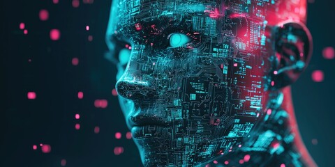 Poster - a cyberpunk character in a neon-lit city, featuring advanced technology, glowing implants, and a dark, dystopian atmosphere.