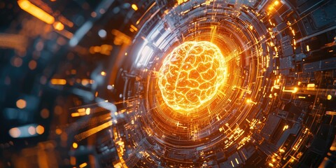 Poster - a glowing AI brain in a cyberpunk environment, with intricate neural networks, data streams, and advanced technology aesthetics.