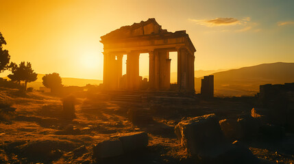 Canvas Print - Ancient ruins bathed in golden light at sunset, showcasing architectural remnants amidst a scenic landscape. Gilded Ruins. Illustration