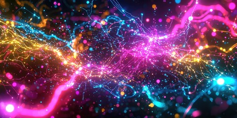 Fototapete - Vibrant and Colorful Abstract Background with Glowing Particles and Light Trails Creates a Dynamic and Energetic Atmosphere for Creative Projects