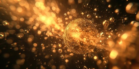 Leinwandbilder - Abstract golden particles moving in a cosmic space with a glowing sphere surrounded by shimmering lights and blurred bokeh effects in a dark background