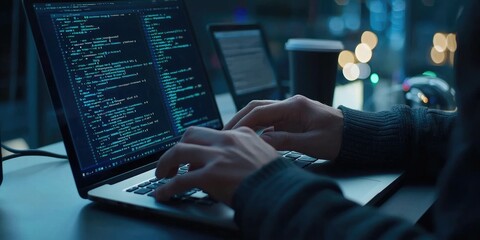 Programmer working on laptop with coding language displayed on screen in modern tech workspace surrounded by soft glowing lights at night