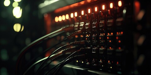 Fototapete - Abstract composition of illuminated circuit board with cables showcasing modern technology in a dark background emphasizing digital connection and innovation