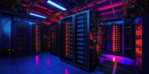 Poster - High-Tech Data Center with Colorful LED Lights and Server Racks Illuminating Dark Environment for Technology and Innovation Themes