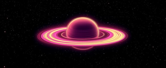 Wall Mural - glowing pink planet with bright rings in dark space.