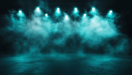 Wall Mural - dark teal smoky stage with bright spotlights.
