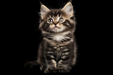 Wall Mural - Adorable fluffy Maine Coon kitten sitting on black background, looking up.