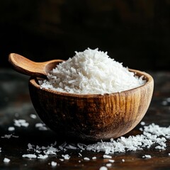 Wall Mural - shredded coconut in a wooden bowl with a spoon, contrasted against a dark background