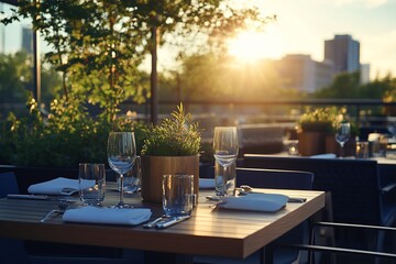 Poster - Sunset view from a rooftop restaurant with tables set for dinner.