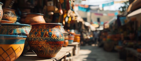 Colorful hand-painted pottery displayed at a bustling market, showcasing intricate designs and vibrant hues.