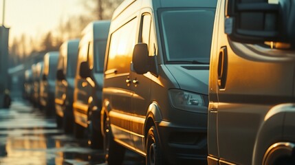 Wall Mural - Row of vans parked outdoors at sunset, reflecting golden light.