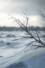 Wall Mural - icy branch in snowy field, winter landscape.
